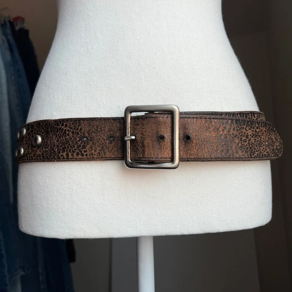 Vintage 90s Distressed Leather Studded Belt Brown Crackle Texture Western Boho